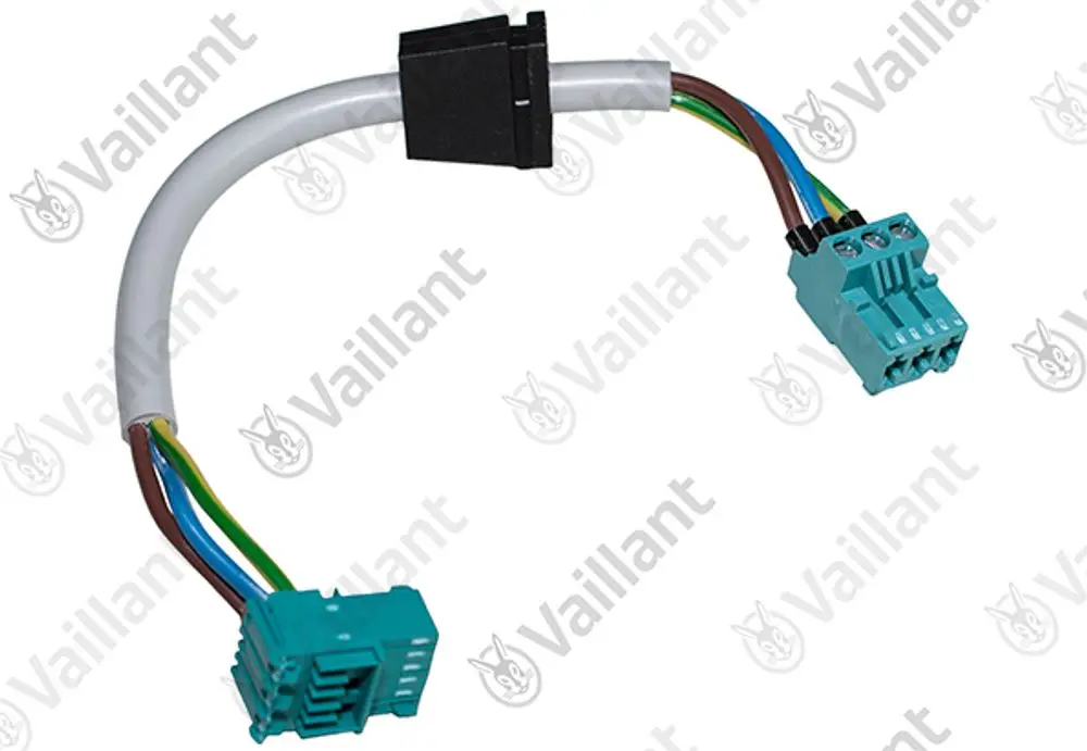 Kabel mit zwei Steckverbindern in Türkis und einem schwarzen Anschluss. Verwendung für Vaillant-Geräte zur elektrischen Verbindung.